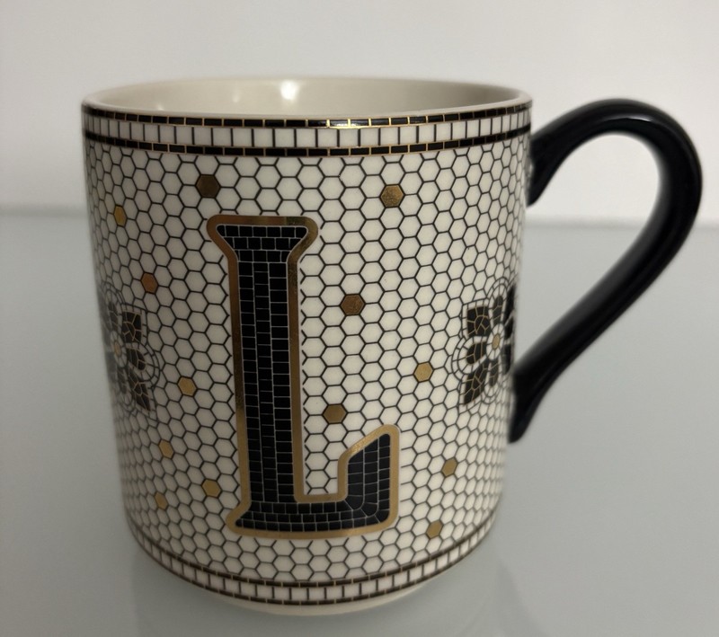Anthropologie Honeycomb Gold Black Mosaic Tile Monogram  “L” Coffee Mug