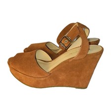 KATE SPADE Rust Brown Key Line Suede Wedge Sandals Shoes Sz 8.5 Ankle Strap Boho