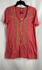 Johnny Was Women's Flounce Tee Coral Embroidered Floral Boho NWT Sz S