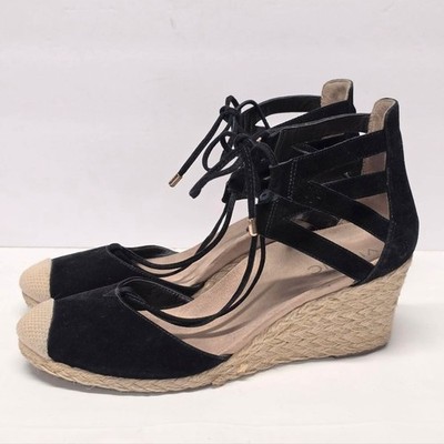 Vionic Calipso Espadrilles Bohemian Wedged Shoes In Black Genuine Suede Size 8.5