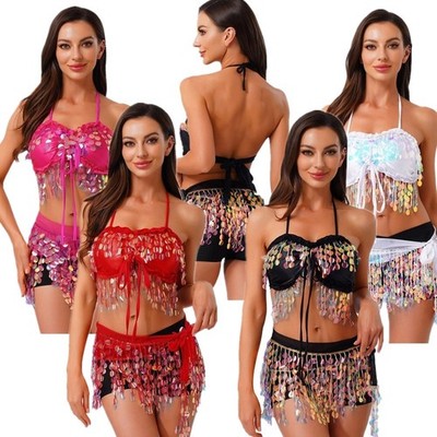 Women Set Tribal Dancewear Belly Outfit Gradient 2 Piece Bra Suspenders Themed
