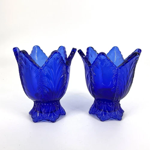 Fenton Cobalt Glass Double Sided Tulip Votive Candle Holders Blue Set Of 2