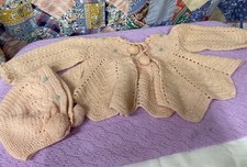 Vintage Handmade Crochet Pink Infant Sweater With Cap