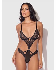 Teddy Bodysuit Black Crotchless Lace Mesh Nadia Lace Mesh Cutout Teddy Black