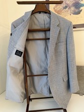 Jos A Bank 46L Blazer Fine Glen Check Plaid Sport Coat Jacket Blue Linen Wool