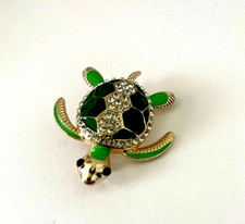 Green Turtle Enamel  Rhinestone Brooch Pin Gold Tone Finish Crystal Shell NEW