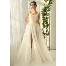 Elegant Tulle Square Collar Wedding Dresses Side High Split Sleeves Bridal Gowns