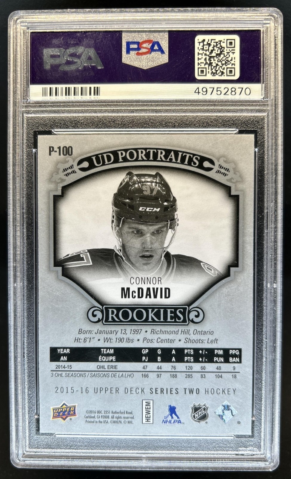 2015-16 Upper Deck Connor McDavid UD Portraits Rookie RC #P-100 Oilers PSA 8 view 2