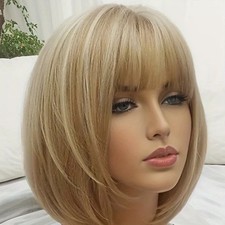 Short Straight Bob Hair for Women Party Gold Blonde Synthetic Wigs with Bangs