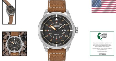 Men's Eco-Drive 3-Hand Date Avion Watch with Leather Strap
