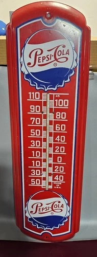 Large Vintage Pepsi Cola Thermometer Metal Tin Sign 27” X 8” Made In USA