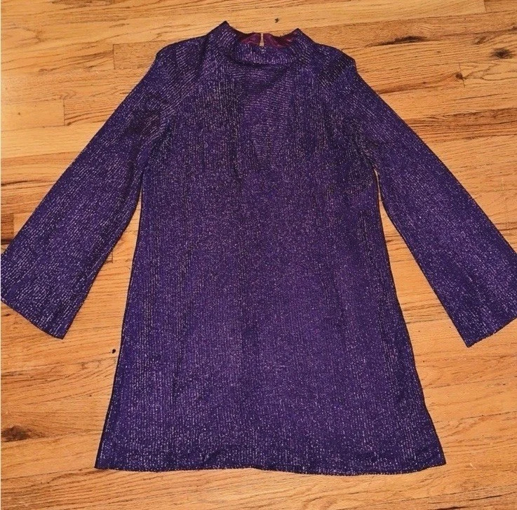 Vestido vintage años 60 púrpura lúrex brillante línea A con mangas campanarias Foto 2 de 3