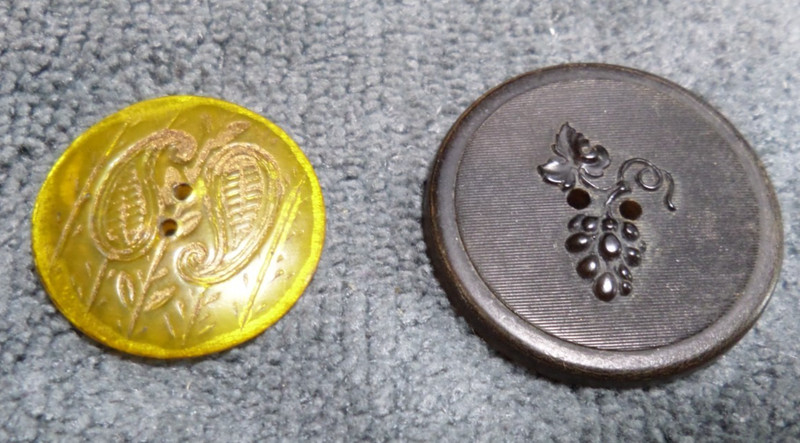 2 Antique Pressed Horn Carved Picture Buttons LEAFS & GRAPES