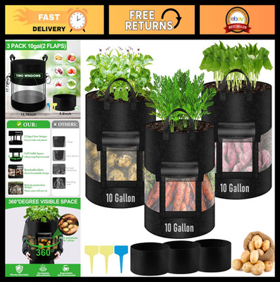 10 Gallon Potato Grow Bags - 3 Pack, Heavy Duty Nonwoven Fabric, Clear Windows,