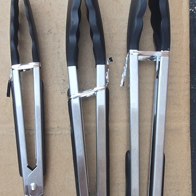 Stainless Steel Locking BBQ Grill Tongs, Black Handles, Silver (3 Pack)