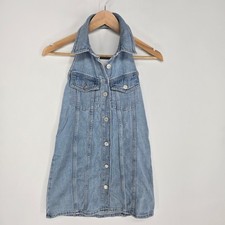 Zara Denim Dress Womens XS Light Blue Halter Backless Button Front Mini Jean
