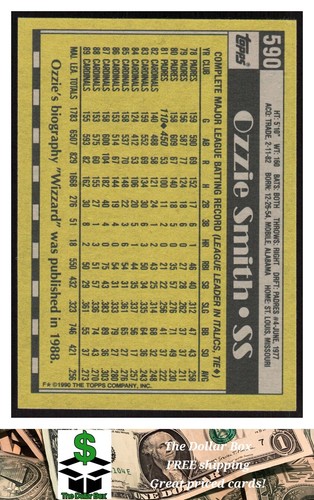 1990 Topps #590 Ozzie Smith - St. Louis Cardinals - Picture 2 of 2