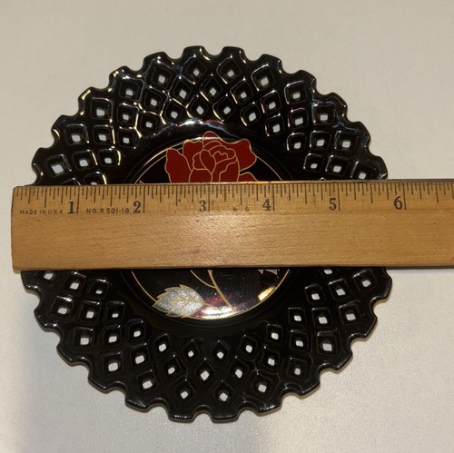 Virginia Imperial Lattice Black Trinket Dish Gold Trim Red Rose Japan 6" - Picture 9 of 9