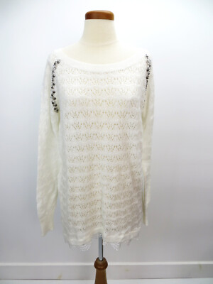 Two Mail Tunic Sweater White Medium Scoop Neck Loose Knit Long Sleeves Beads