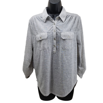 Eyelash Couture Women's Shirt Small Gray Sheer Back Front Pockets Long Sleeve