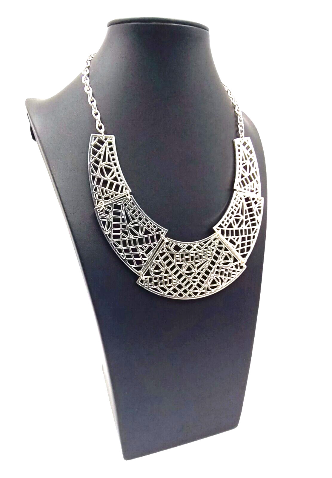 Aztec Pattern Silver-Tone Bib Statement Necklace - image 1