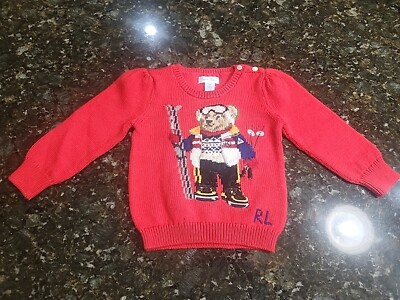 NWT Polo Ralph Lauren $155 Red SKI BEAR Cotton/Wool Sweater Girls 18 month