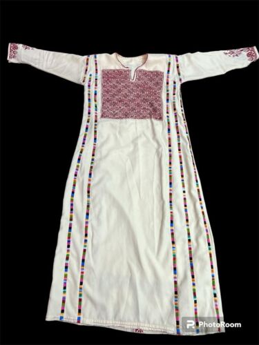 Vintage Dress Women Embroidery Thob Palestine Silk Hand Made Traditional Beige - Picture 1 of 3