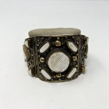 $715 Devon Leigh Design Antiqued Brass White Shell Cuff Bracelet Nepal Hinge