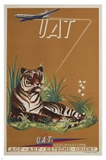 UAT AIRLINES vintage travel poster TIGER RELAXING stripes PRIZED 20x30 new 