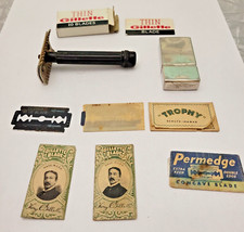 Vintage Lot Gillette Permedge Trophy Razorblades Chrome Case Bakelite Razor