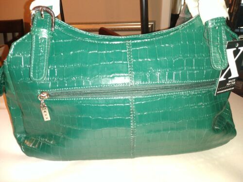 VTG MAXX New York Green Canvas Handbag Bag Purse w Leather Pockets 