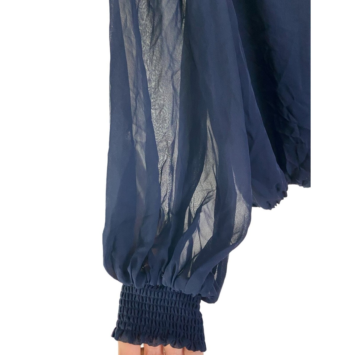 Alice Olivia 100% Silk Sheer Blouson Sleeves Blouse Navy Blue
