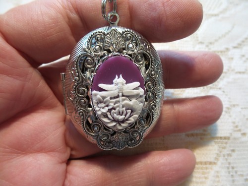 SILVER PLATED FILIGREE VICTORIAN DRAGONFLY CAMEO LOCKET NECKLACE 24" PURPLE - Picture 3 of 5