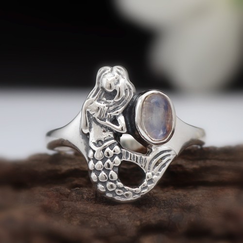 Rainbow Moonstone Gemstone Sea Nymph Sterling Silver Mermaid Ring S-9