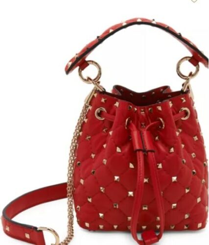 NWT Valentino Garavani $1945 Mini Rockstud Spike Leather Bucket Bag, Deep  Red | eBay