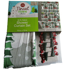 CHRISTMAS FABRIC SHOWER CURTAIN 13 Piece Set CLASSIC RED CAR AND TREES