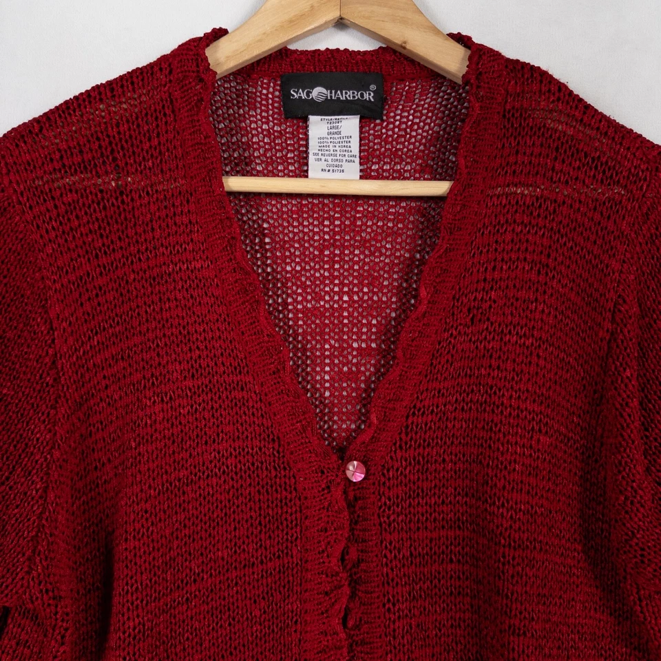 Suéter Sag Harbor Talla Grande Rojo Un Botón Manga Corta Festoneado Modesto Clásico Foto 2 de 4