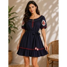 Tory Burch Alicia Dress Navy Sea Embroidered Cotton Mini Tassel Belt 8 NEW 38321