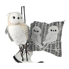 Snowy Owl Plush Figurine and Woven Birch Tree Throw Pillow Woodland Decor Set