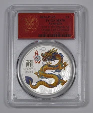 2024-P $1 Australian Year of the Dragon 1 oz Silver P125 PCGS MS70 Orange Left