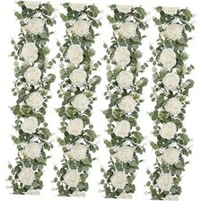  4Pcs 26Ft Artificial Eucalyptus Garlands with Flowers - 8 4 Pcs White Rose