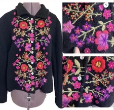 Eagles Eye Vtg Floral Embroidered Granny Cardigan L 100% Wool Dark Cottagecore