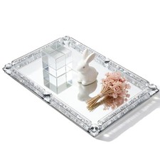 Large Crystal Glass Tray, Crushed Diamond Filled Mirror Vanity Cosmetic Makeu...