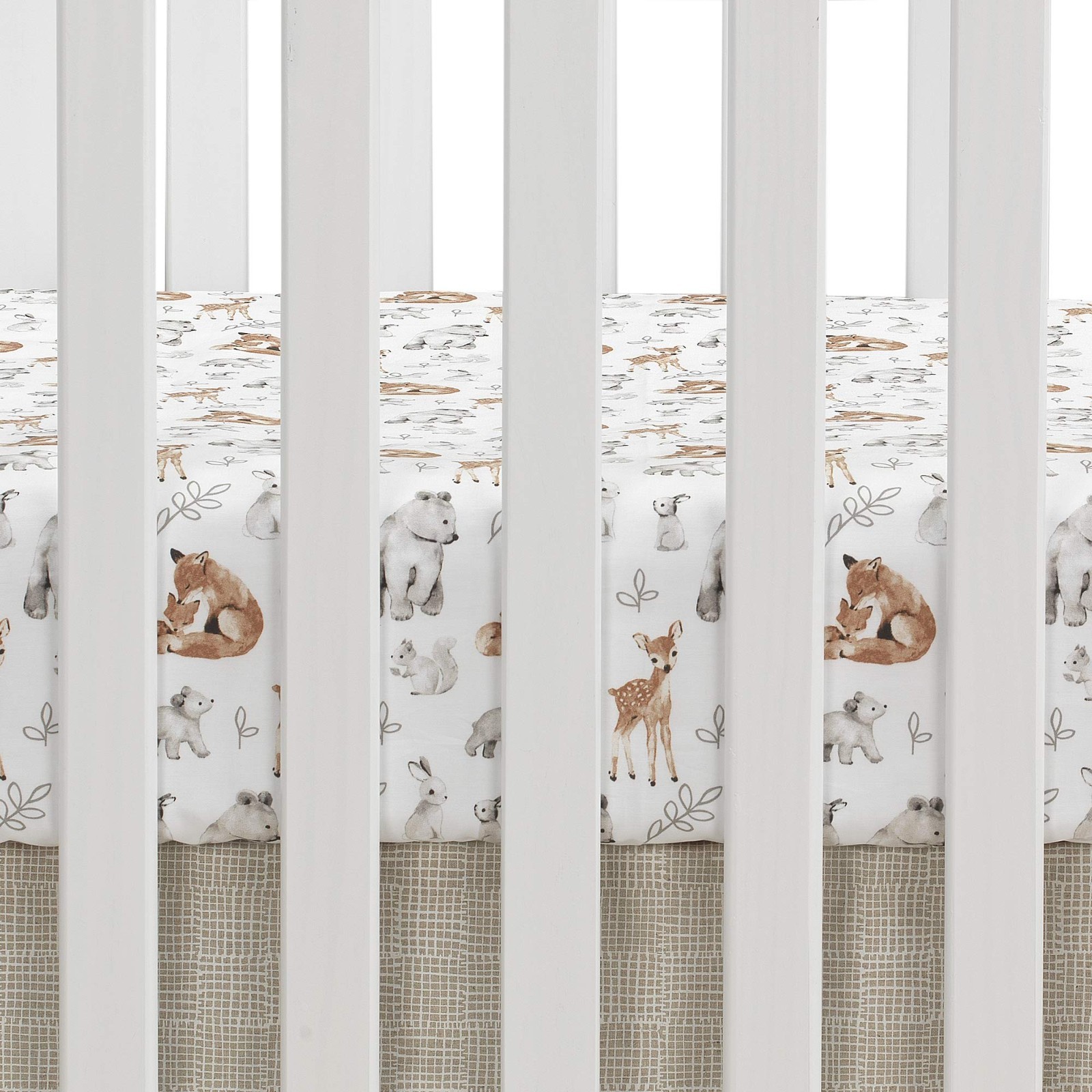 как выглядит 4-Piece Crib Bedding Set - Painted Forest Design in Gray, Beige White - Nurser фото