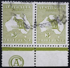 Australia 1915 Three Pence Kangaroo pair with CA monogram BW 13(2)z used