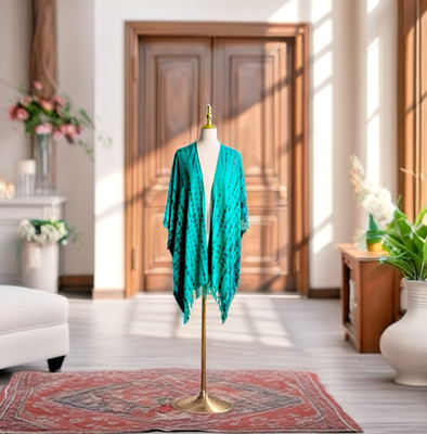 0144/ Green  Brown Tie Dye Outer with fringed, Short Kimono, Beach cover up