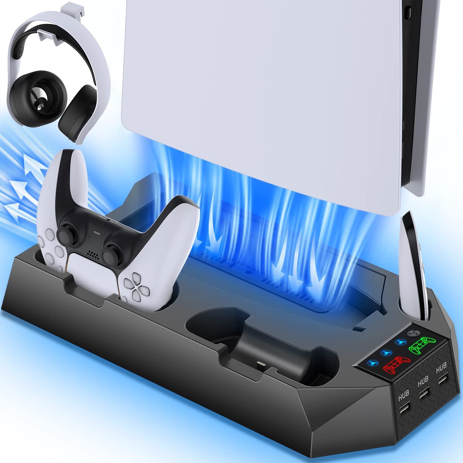 PS5 Cooling Stand & Dual Controller Charger Station, Headset Holder, 3 USB Hub