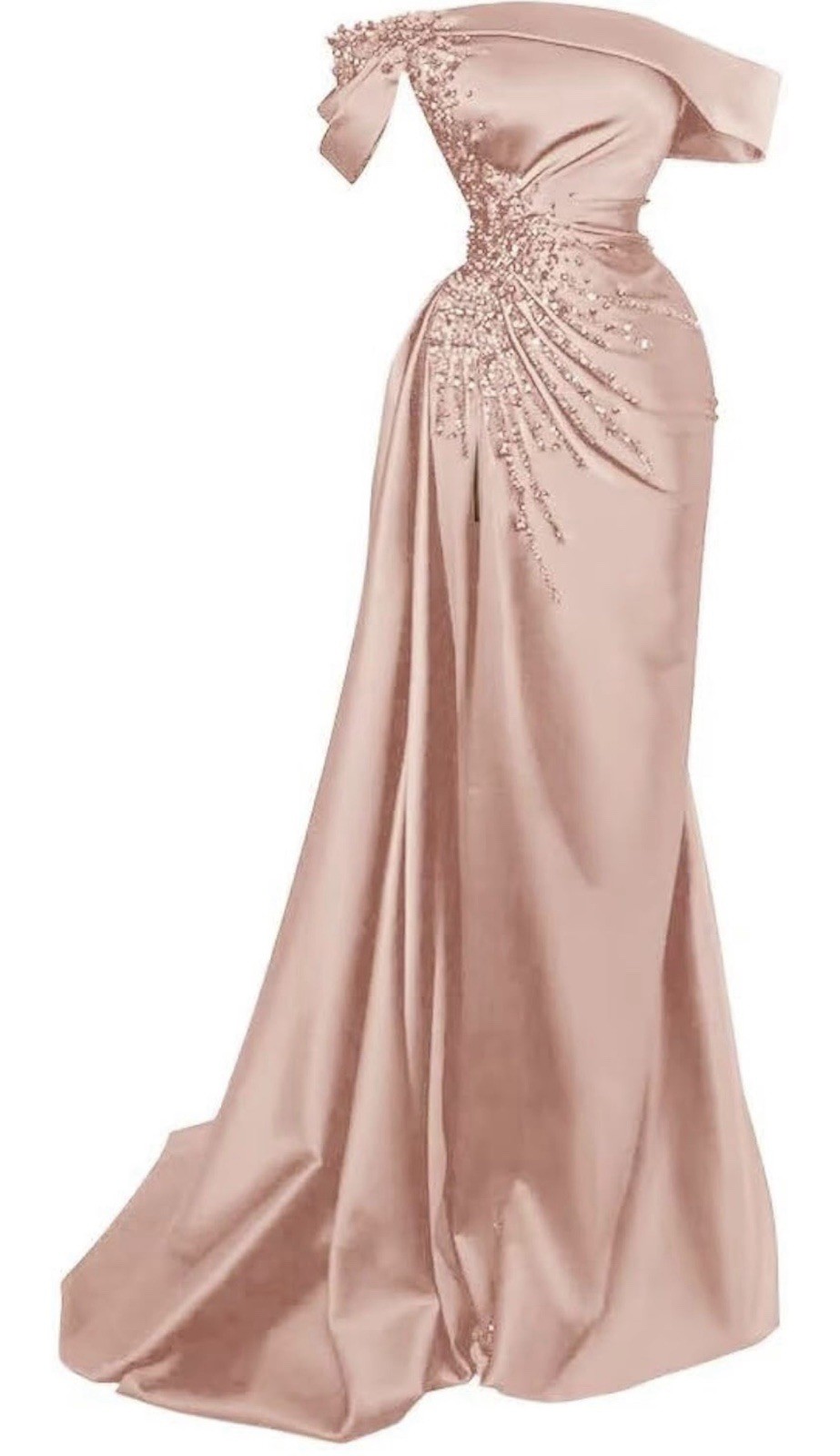 Satin Off The Shoulder Beaded Mermaid Evening Gown Pleated Sleeves Party Dress