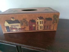 Bobs Boxes Primitive Antique Design Tissue Box Town Scene 6"x10.5"