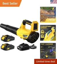 Electric Cordless Leaf Blower - Yellow, Lightweight, 2 Speed Mode, with 2 Bat...